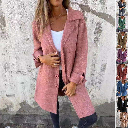 Cardigan à revers simple boutonnage avec poches, couleur unie, mi-long, vêtements d'extérieur, manteau, vêtements pour femmes