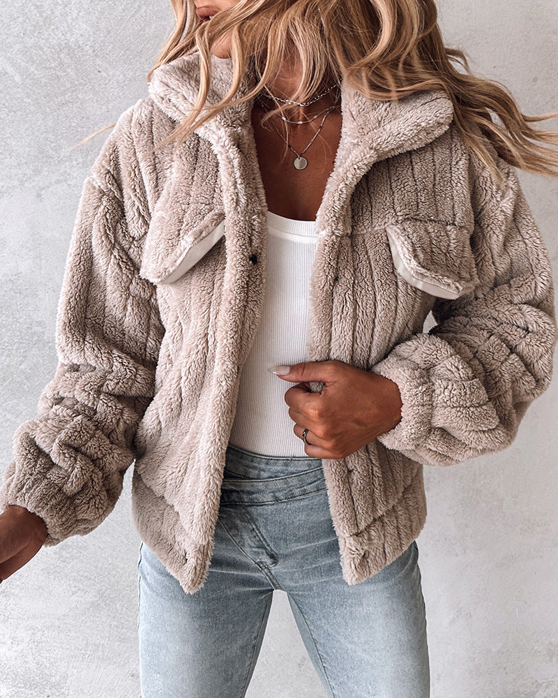 Cardigan en velours à rayures enfoncées pour femme, manteau court à revers