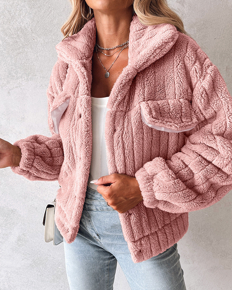 Cardigan en velours à rayures enfoncées pour femme, manteau court à revers