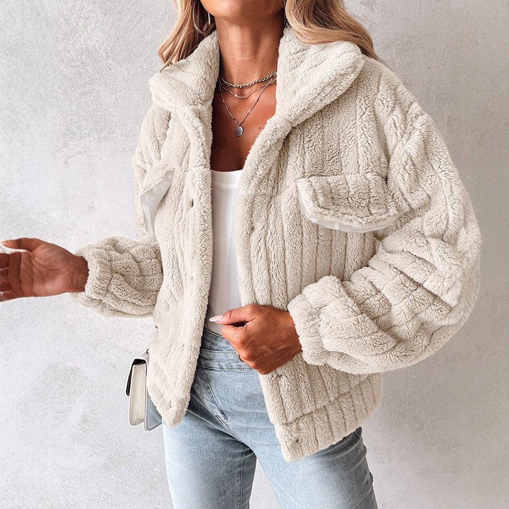 Cardigan en velours à rayures enfoncées pour femme, manteau court à revers